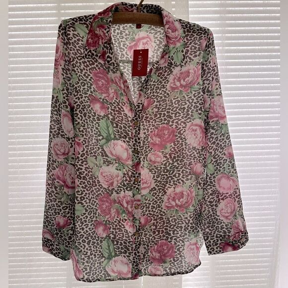 Guess M-L Brown Pink Animal Print Peony Floral Button Front Long Sleeve Blouse - Picture 1 of 13